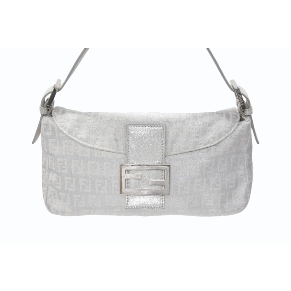 Fendi Zucchino Bucket Canvas Mamma Bag One Hardware Hobo Glitter Shoulder Silver